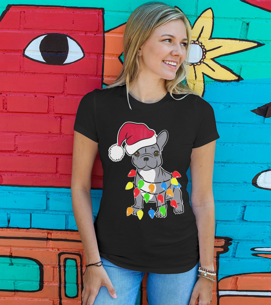 Santa French Bulldog With Christmas Lights T-Shirt