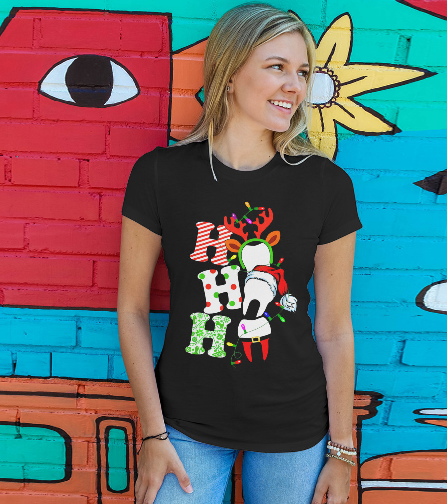 Ho Ho Ho Funny Santa Teeth Christmas Lights Reindeer Antlers T-Shirt