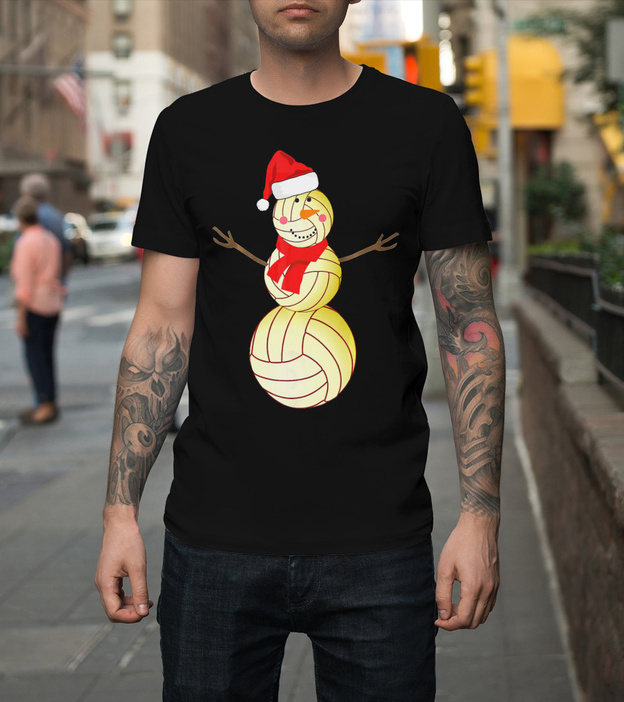 Funny Volleyball Snowman With Santa Hat And Scarf T-Shirt