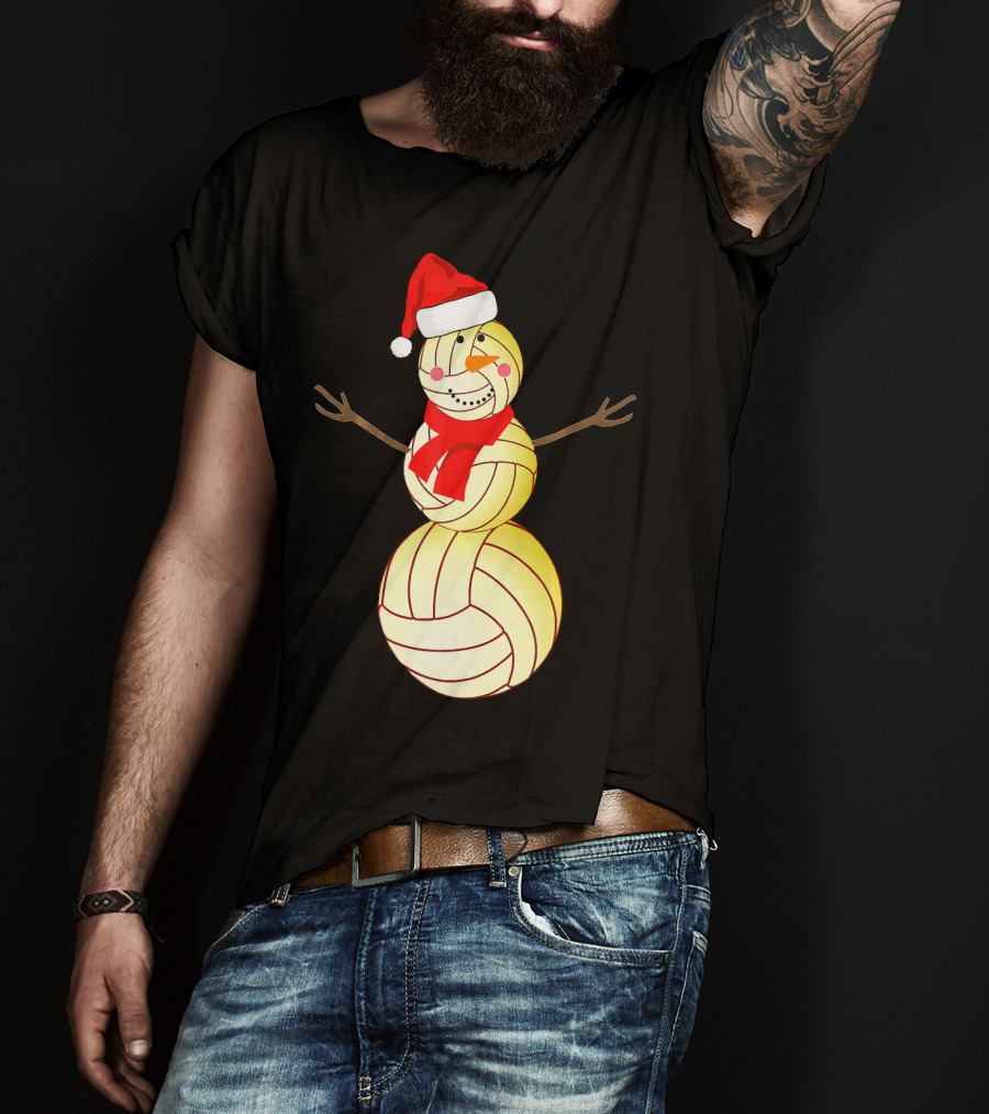 Funny Volleyball Snowman With Santa Hat And Scarf T-Shirt
