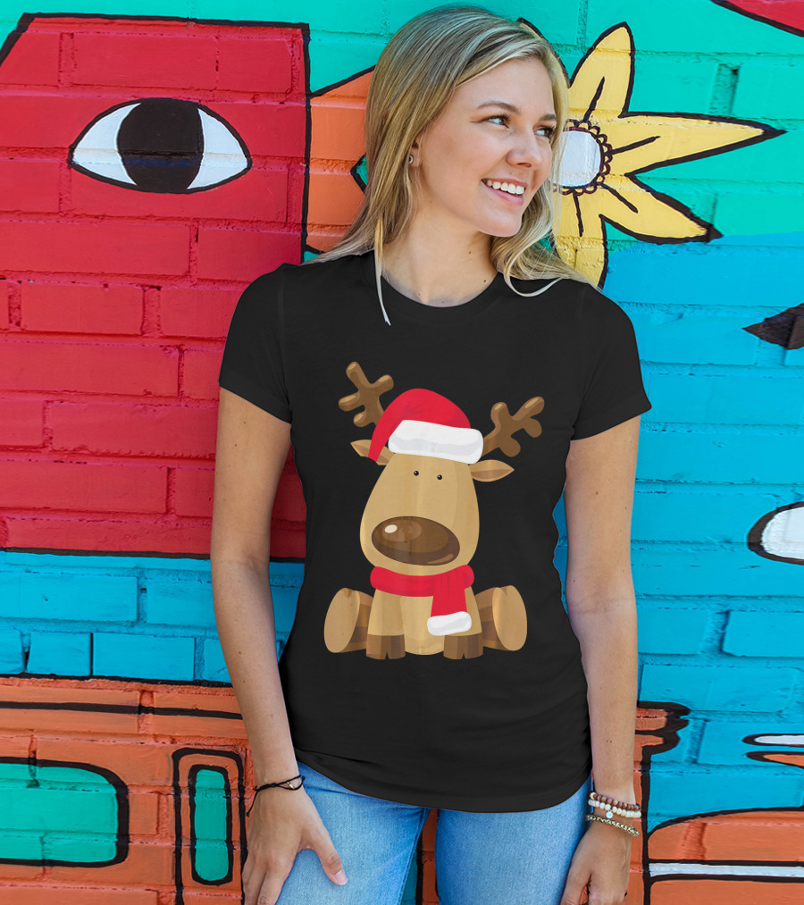 Adorable Festive Reindeer With Santa Hat And Scarf T-Shirt