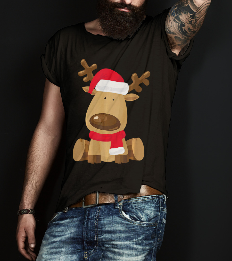 Adorable Festive Reindeer With Santa Hat And Scarf T-Shirt