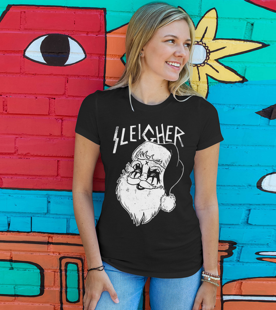 Sleigher Funny Christmas Black Metal Santa T-Shirt