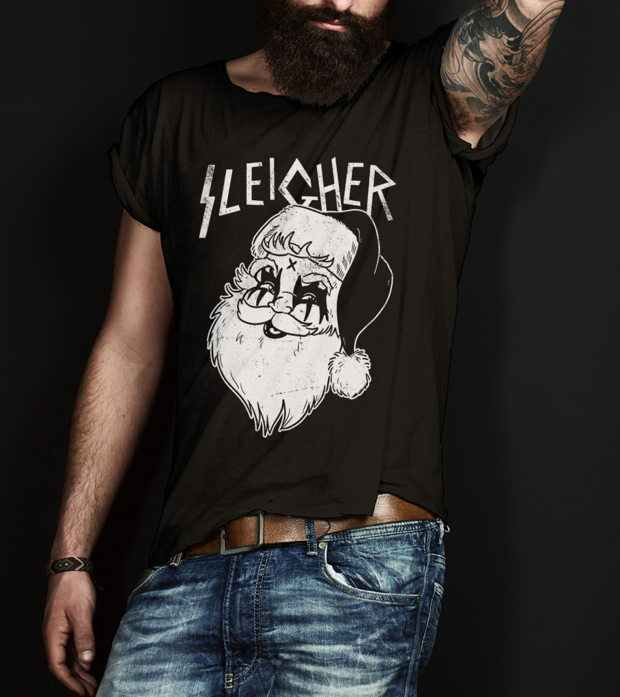 Sleigher Funny Christmas Black Metal Santa T-Shirt