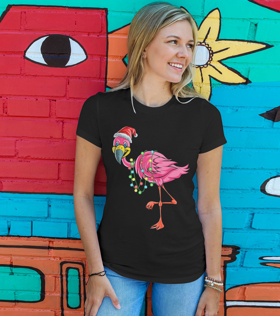 Christmas Flamingo Santa Hat Festive Lights Fun T-Shirt