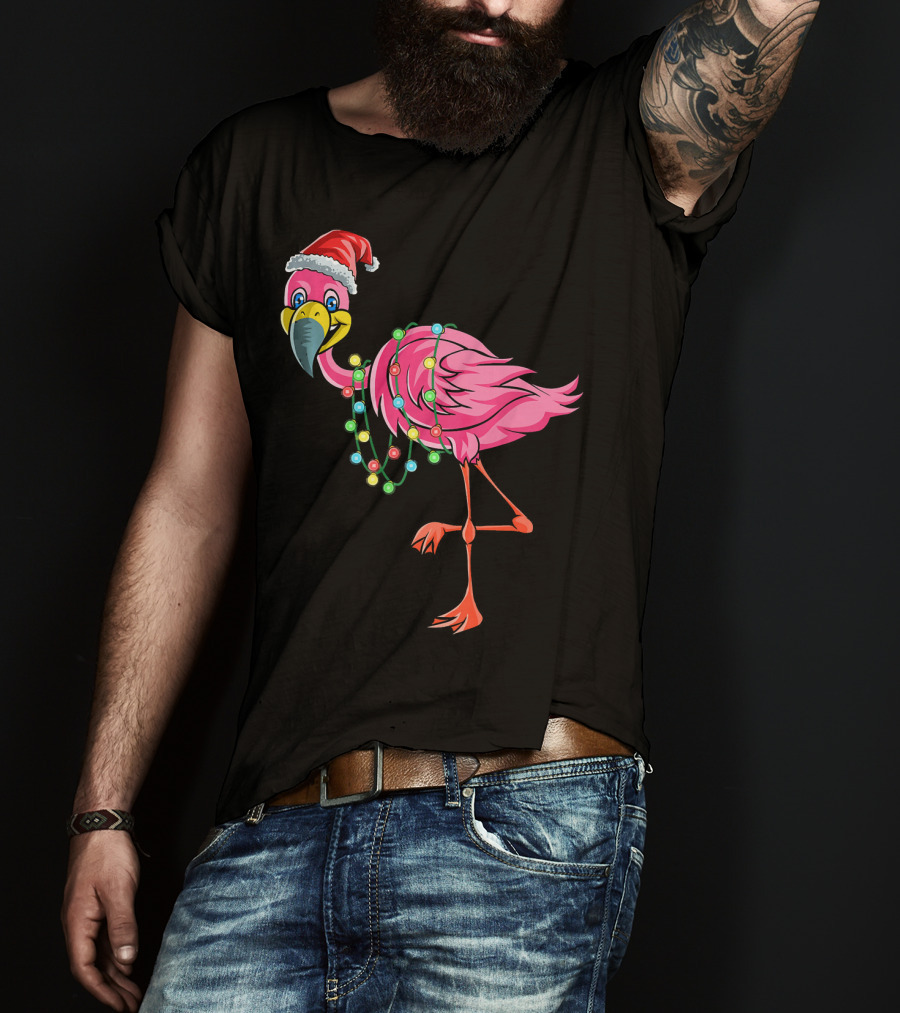 Christmas Flamingo Santa Hat Festive Lights Fun T-Shirt