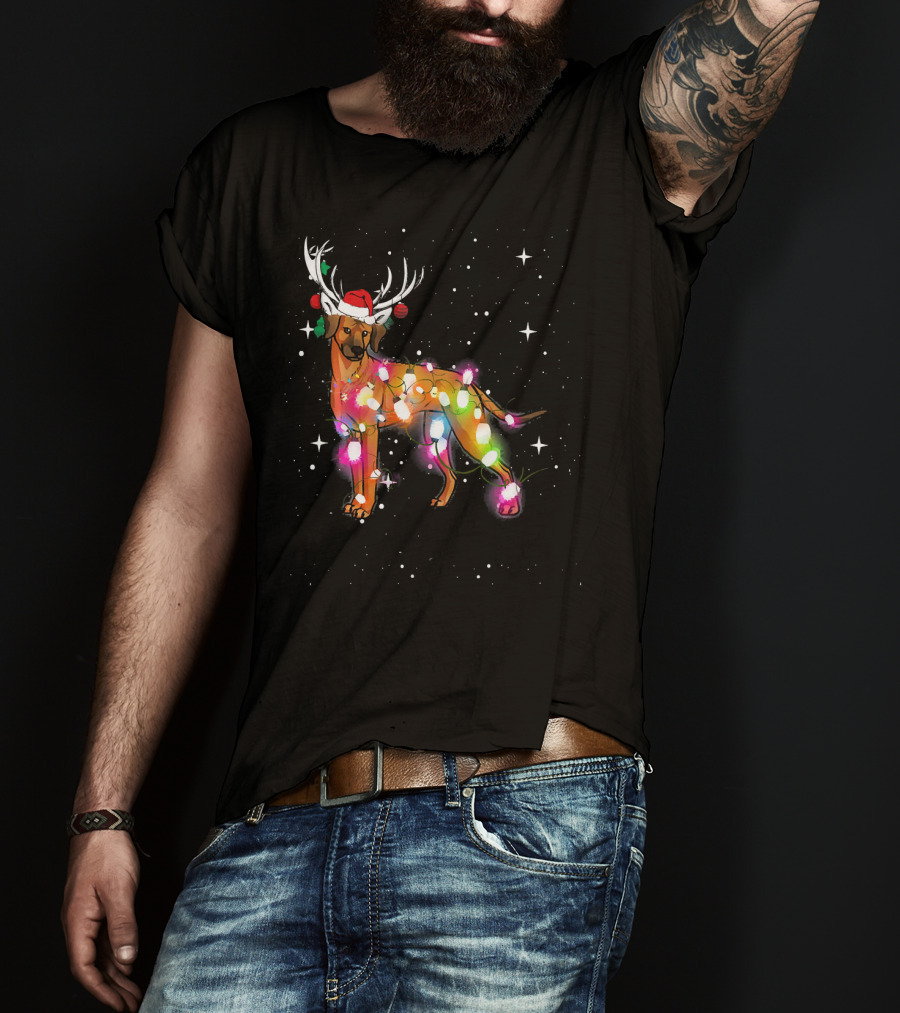 Christmas Lights Rhodesian Ridgeback Dog With Antlers Santa Hat T-Shirt