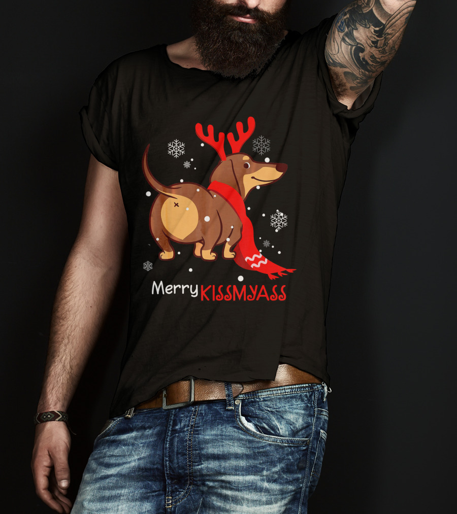 Funny Dog Dachshund Christmas Merry Kiss My Ass T-Shirt