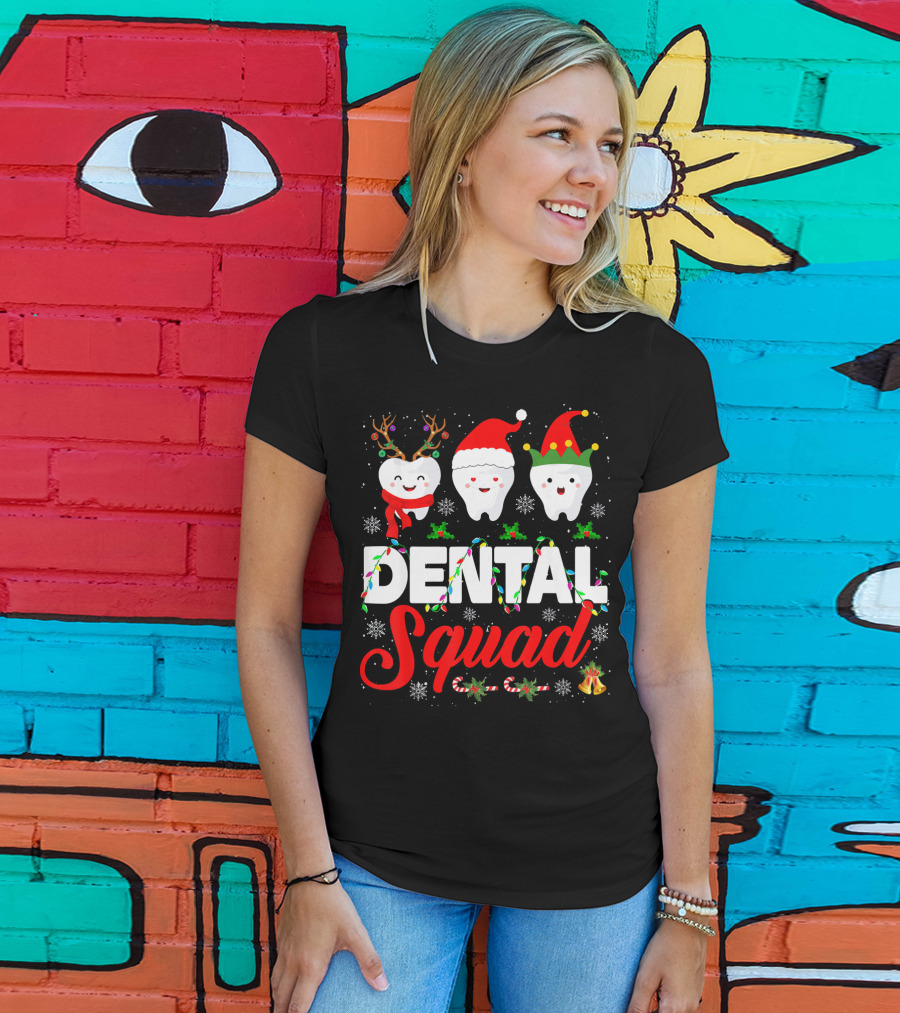 Dental Squad Funny Hygienist Dentist Love Christmas Themed Tooth Characters T-Shirt