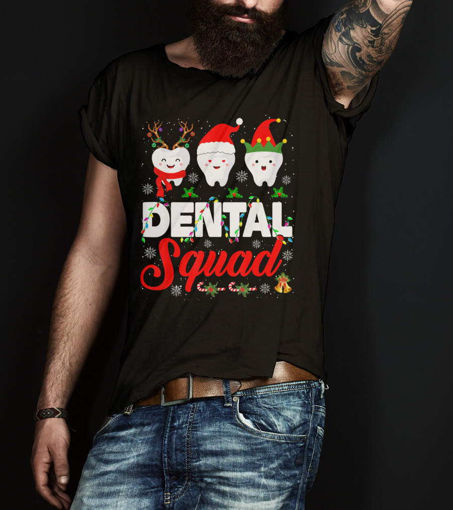Dental Squad Funny Hygienist Dentist Love Christmas Themed Tooth Characters T-Shirt