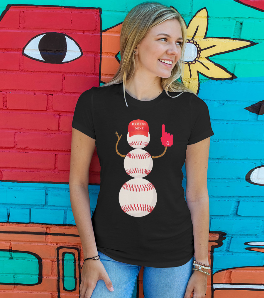 Damage Done Baseball Snowman With Red Cap And Foam Finger T-Shirt