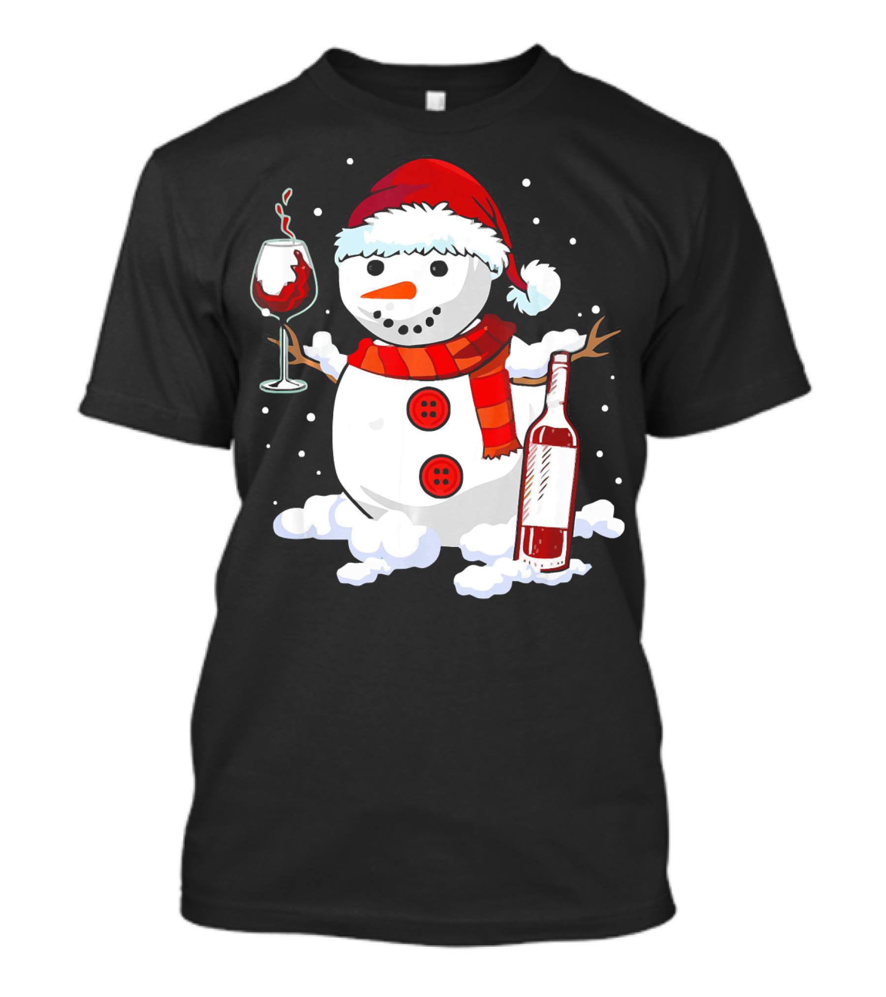 Snowman With Santa Hat And Scarf Holding Wine Glass And Bottle Christmas Drinking T-Shirt