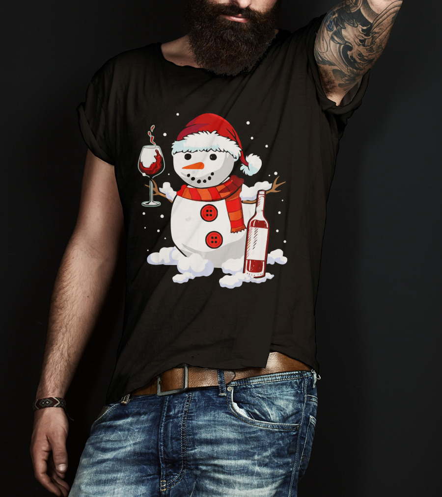 Snowman With Santa Hat And Scarf Holding Wine Glass And Bottle Christmas Drinking T-Shirt