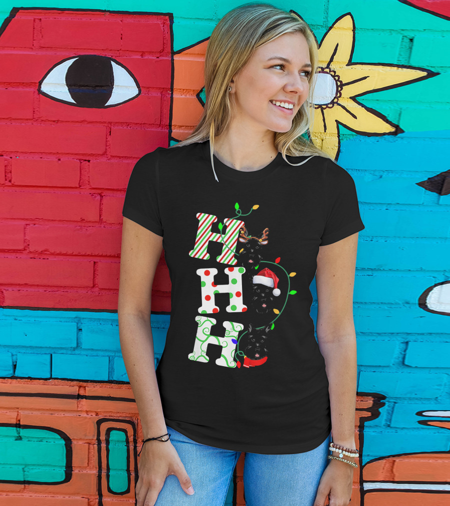 Scottish Terrier Ho Ho Ho Christmas Lights Santa Hat And Antlers T-Shirt