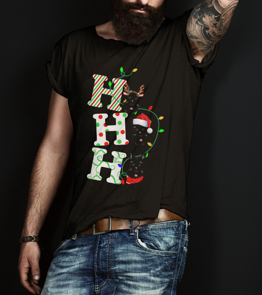 Scottish Terrier Ho Ho Ho Christmas Lights Santa Hat And Antlers T-Shirt