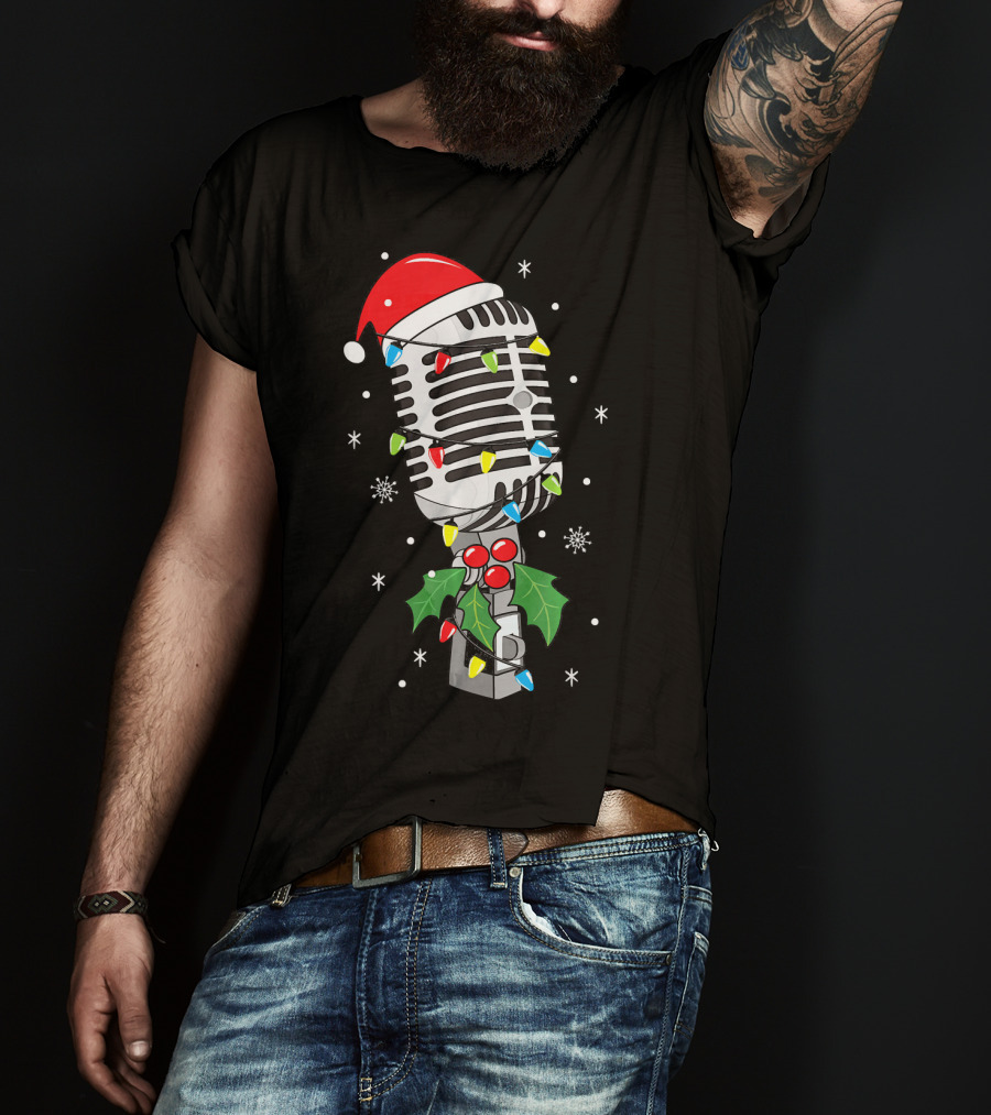 Retro Microphone With Santa Hat And Holiday Lights T-Shirt