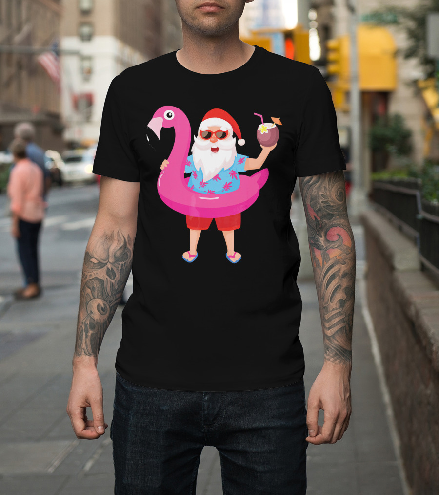 Funny Santa Claus With Flamingo And Tropical Drink T-Shirt