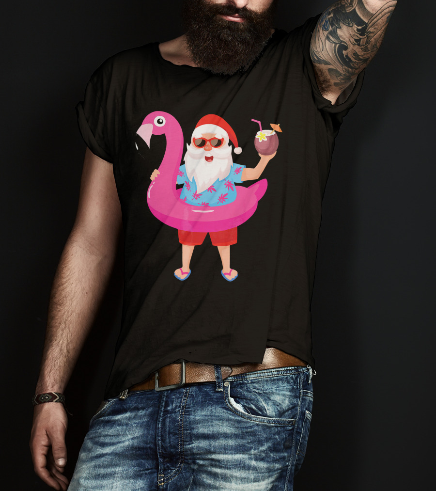 Funny Santa Claus With Flamingo And Tropical Drink T-Shirt