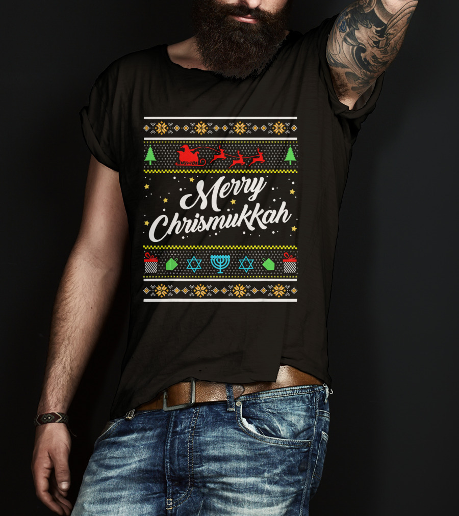 Merry Chrismukkah Santa Sleigh Menorah Stars Trees Snowflakes T-Shirt