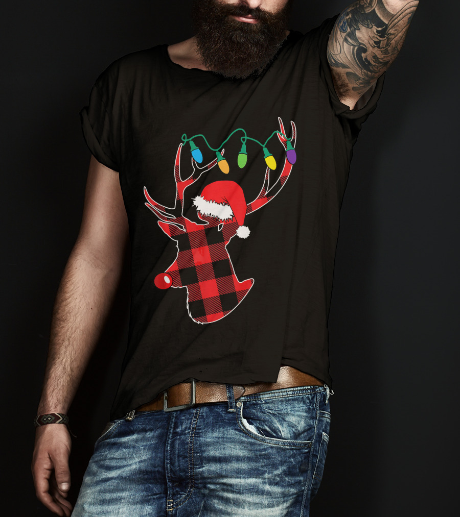 Christmas Deer Santa Hat Buffalo Plaid String Lights T-Shirt