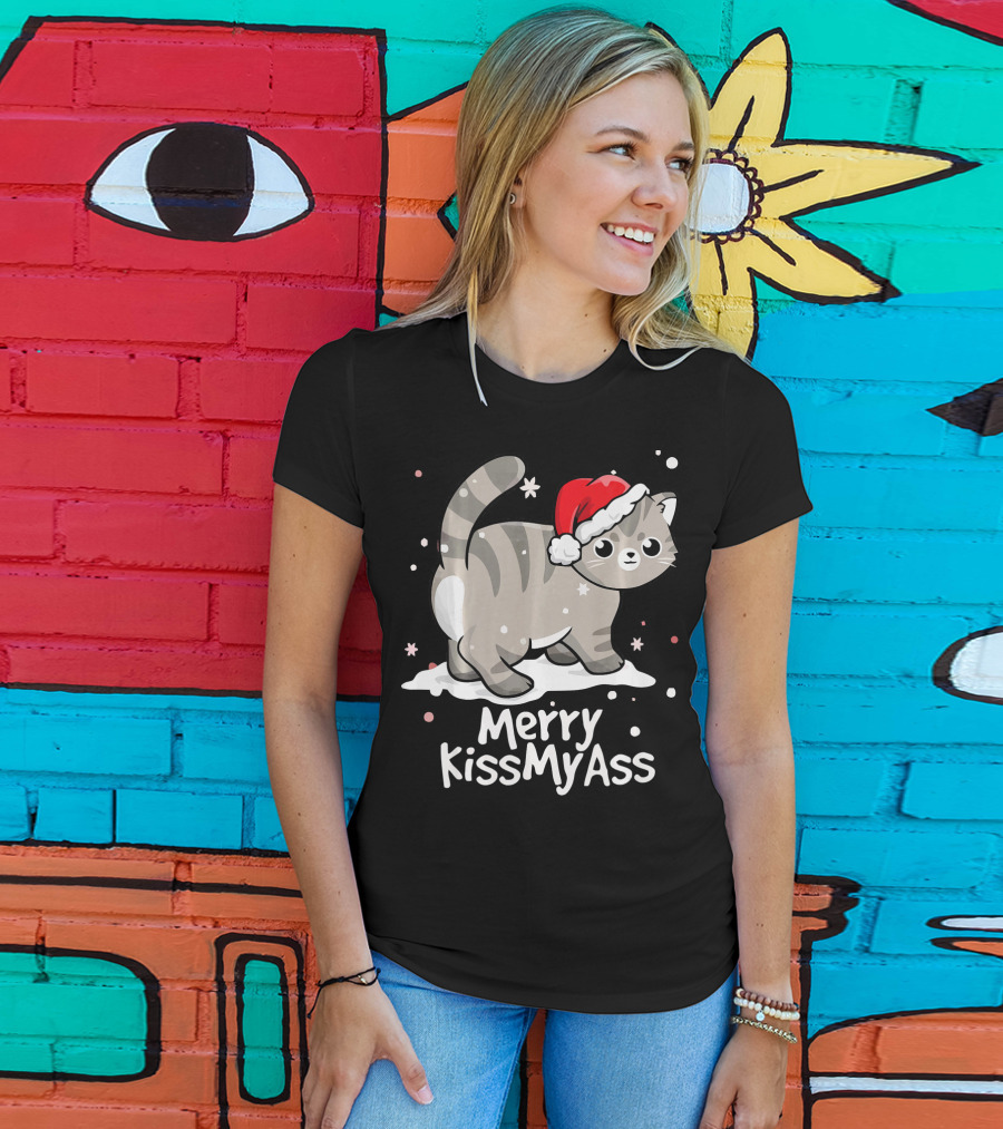 Merry KissMyAss Cat With Santa Hat In Snowflakes T-Shirt