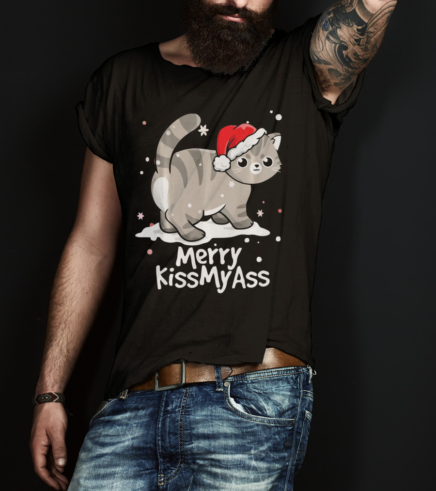 Merry KissMyAss Cat With Santa Hat In Snowflakes T-Shirt