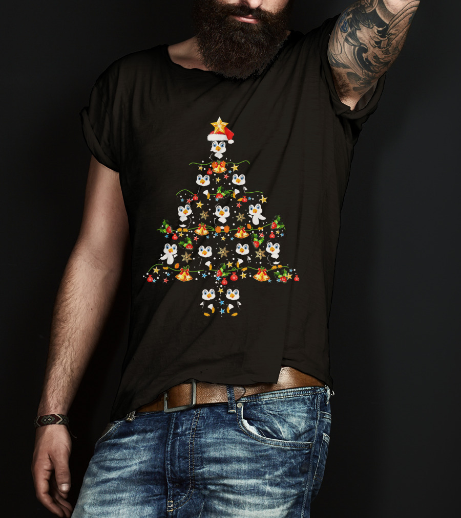 Penguin Christmas Tree Merry Holiday Penguins Santa Hat Ornaments Star Garland T-Shirt