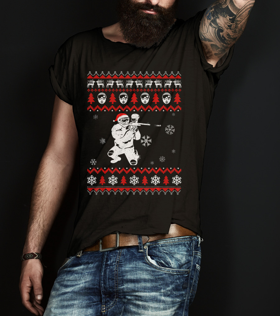 Christmas Paintball Santa Hat Reindeer Snowflakes Ugly T-Shirt