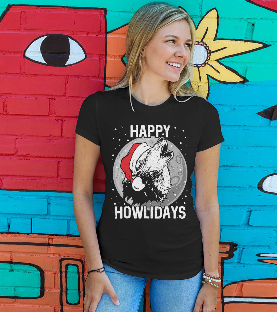 Happy Howlidays Christmas Wolf Santa Hat Moon T-Shirt