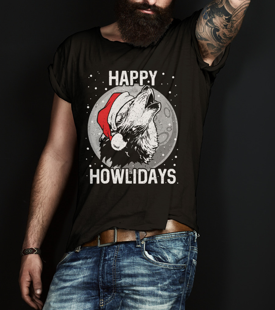 Happy Howlidays Christmas Wolf Santa Hat Moon T-Shirt