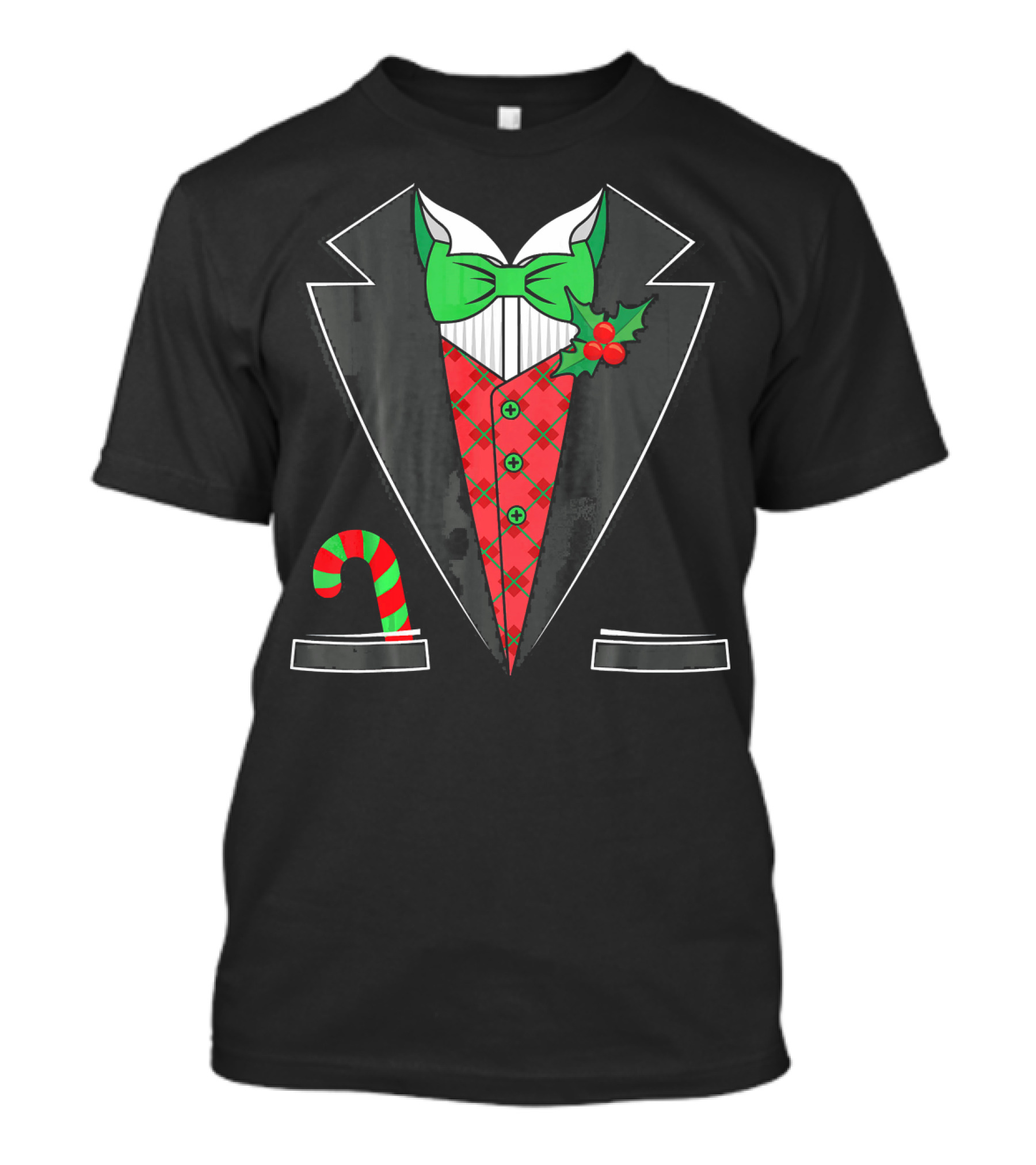 Christmas Tuxedo With Candy Cane Pattern And Festive Bow Tie T-Shirt