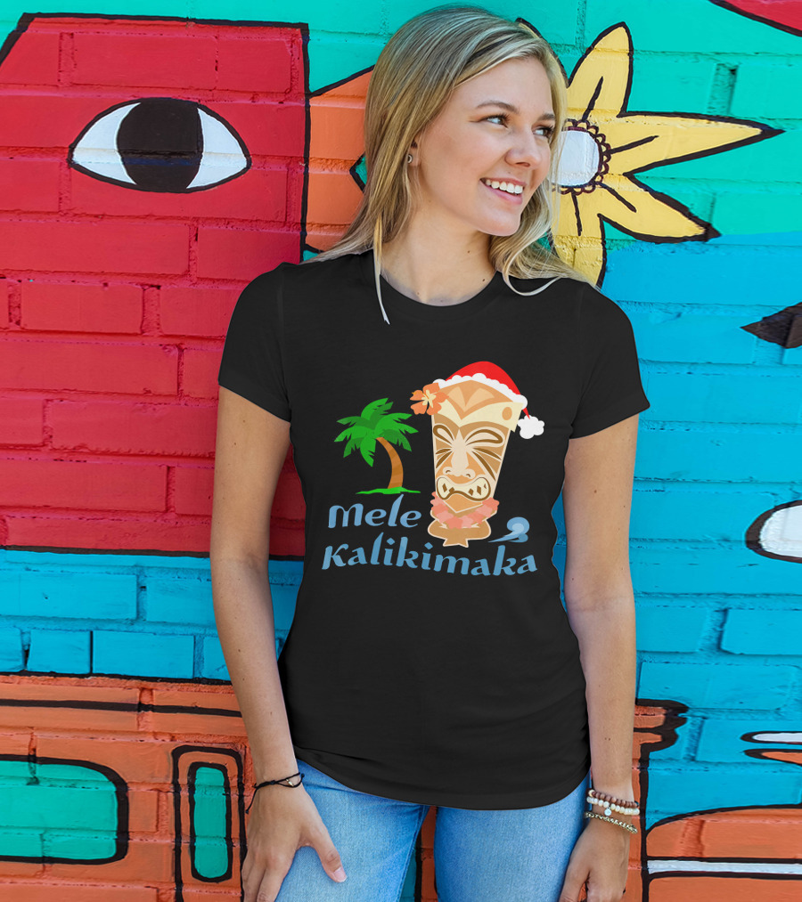 Mele Kalikimaka Hawaiian Christmas Tiki With Palm Tree And Santa Hat T-Shirt