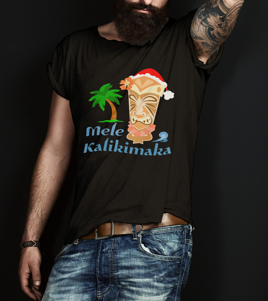 Mele Kalikimaka Hawaiian Christmas Tiki With Palm Tree And Santa Hat T-Shirt
