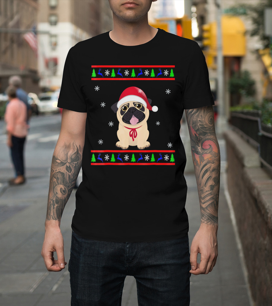 Christmas Santa Hat Pug Snowflakes Trees Reindeer T-Shirt