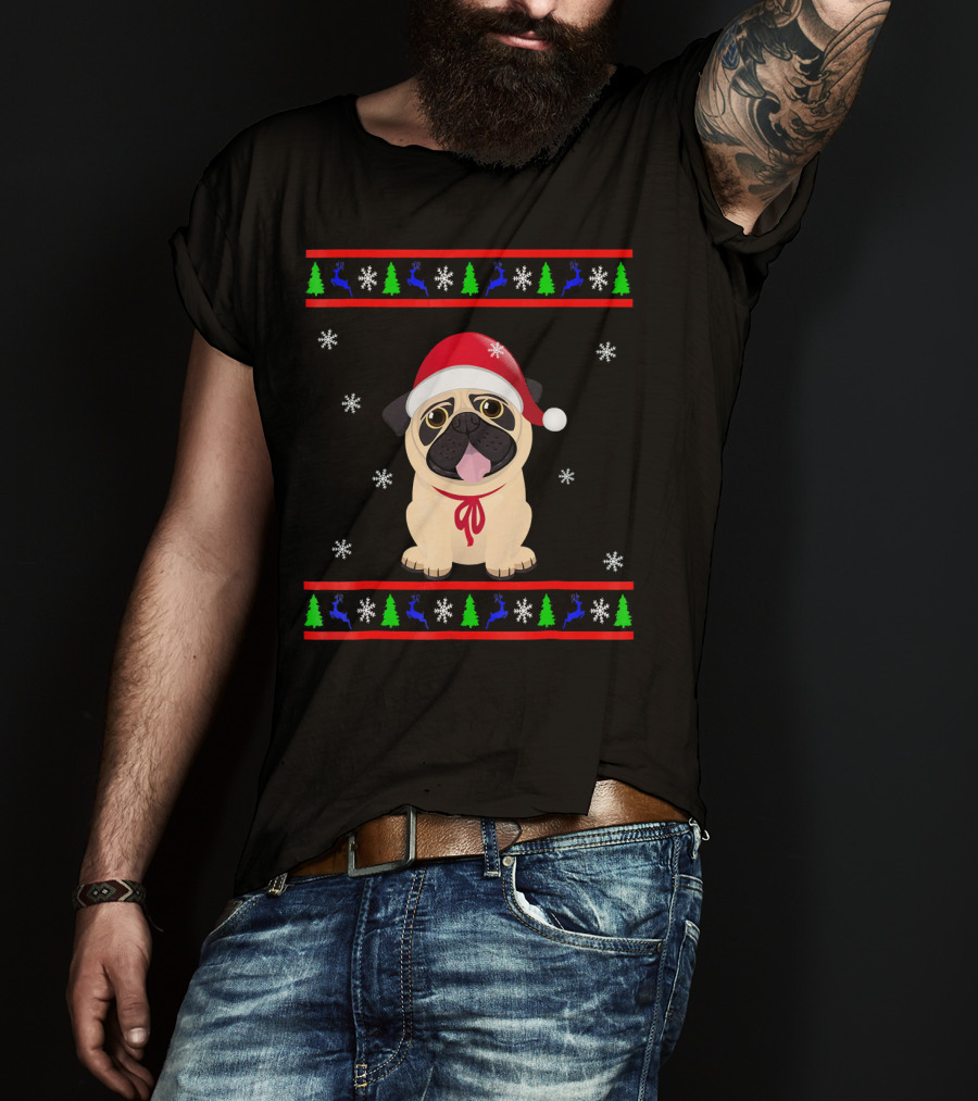 Christmas Santa Hat Pug Snowflakes Trees Reindeer T-Shirt