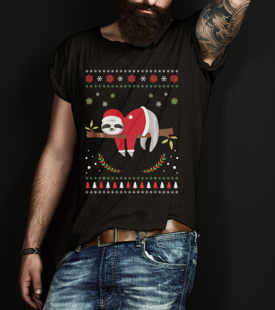Sloth Christmas Holiday Sloth Santa Hat Snowflakes Festive Tree T-Shirt