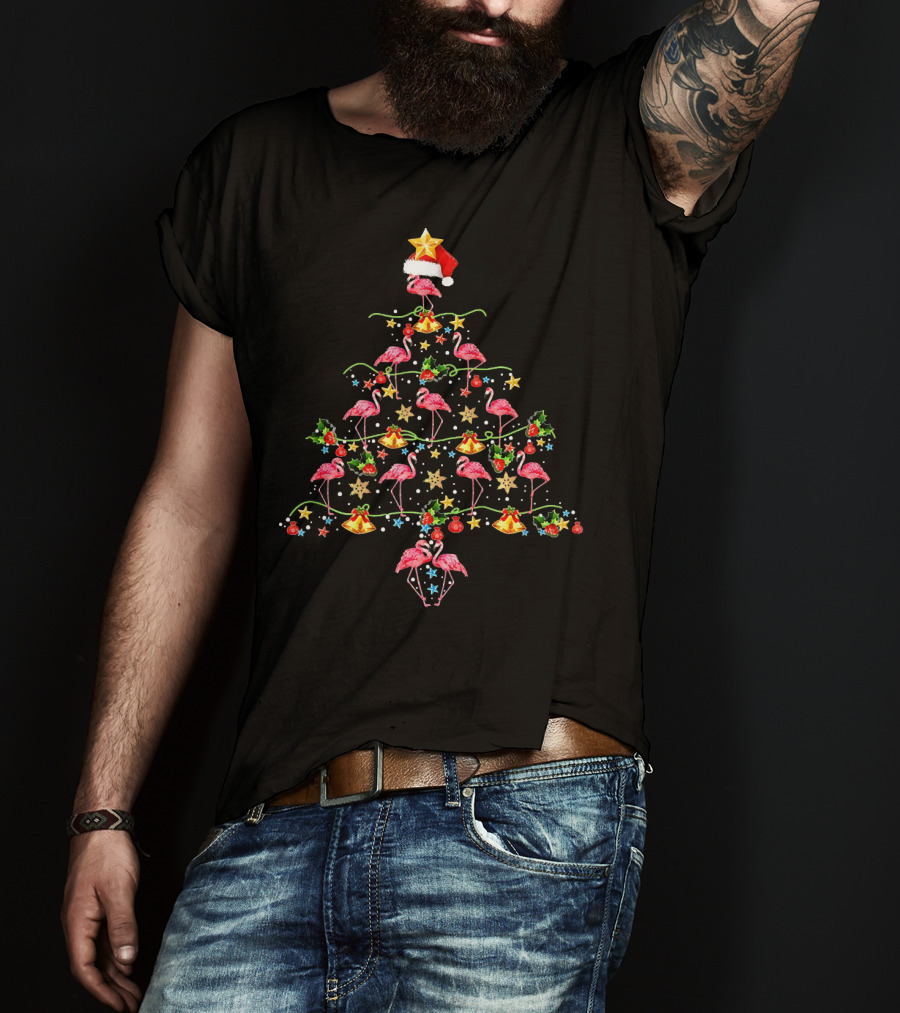Flamingo Christmas Tree With Santa Hat And Decorations T-Shirt