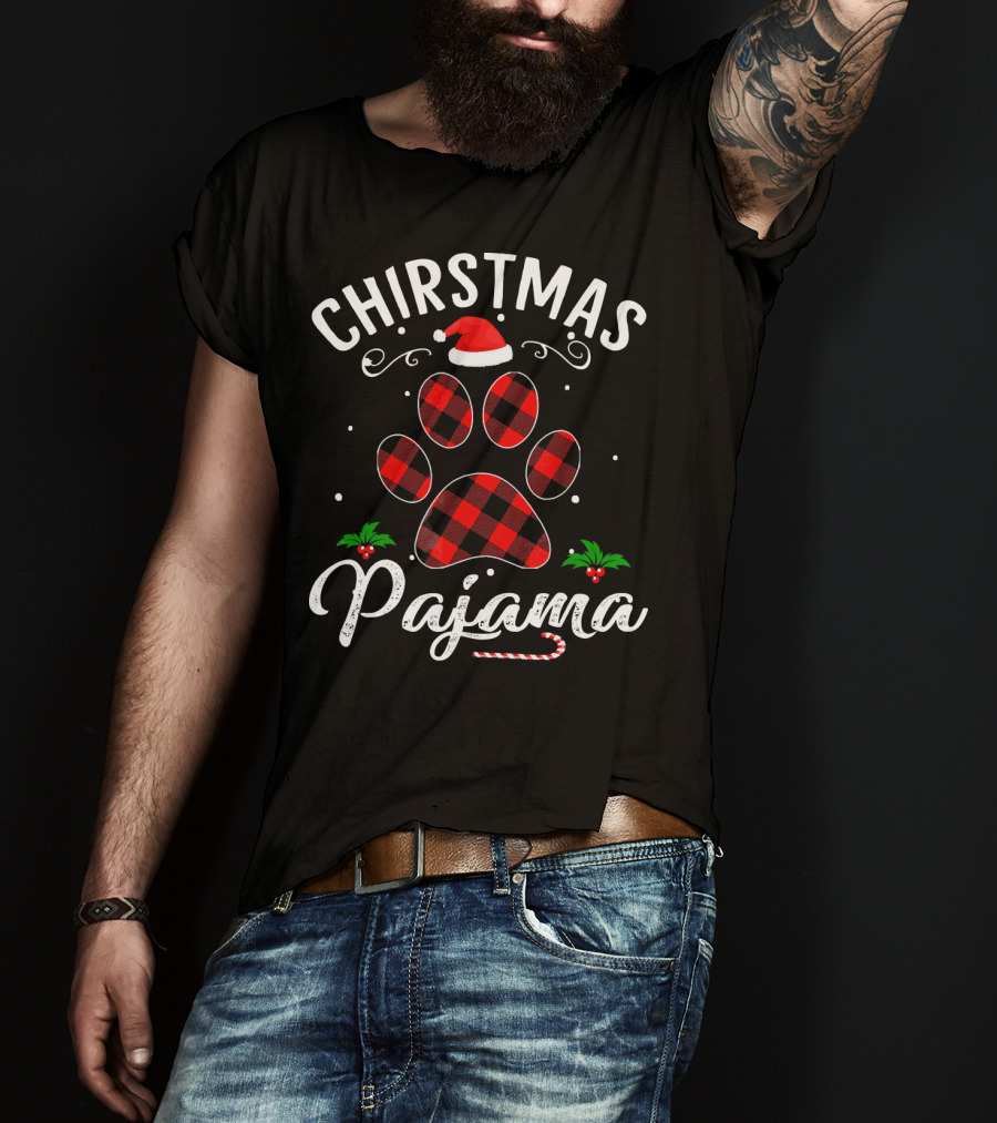 Buffalo Plaid Christmas Pajama Paw Holiday Hat T-Shirt