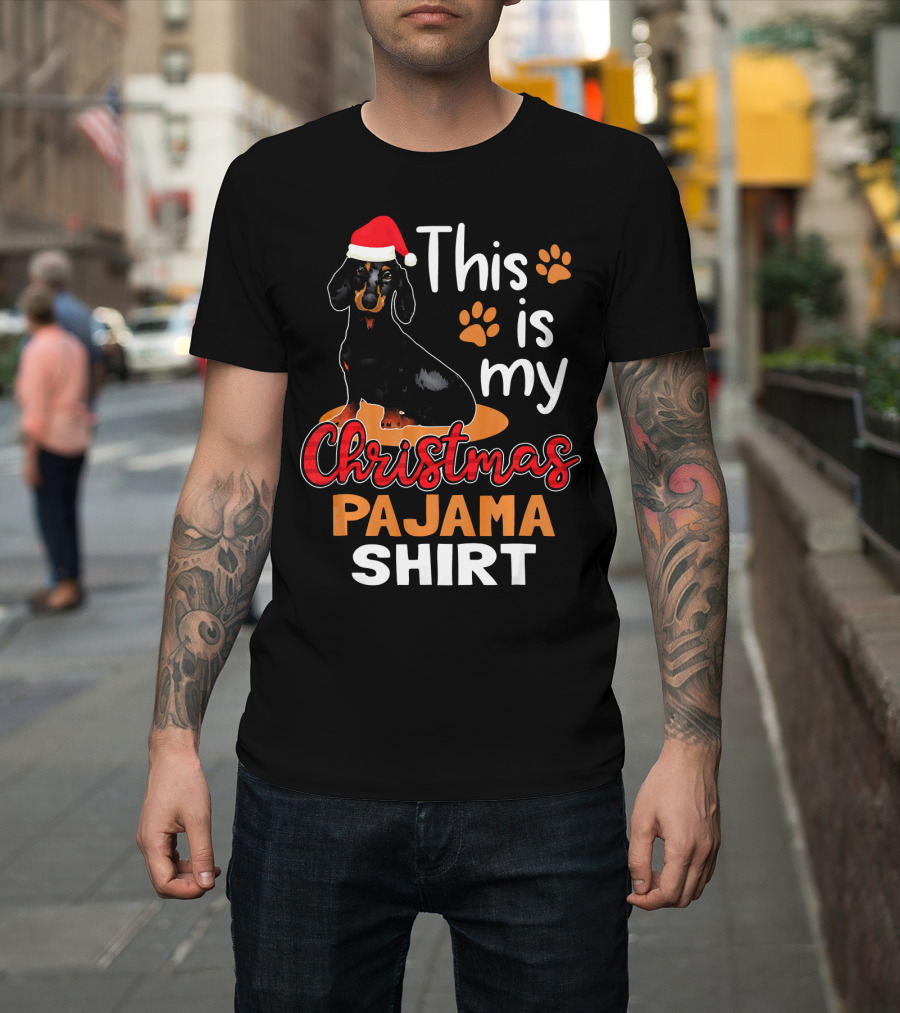 This Is My Christmas Pajama Shirt Dachshund Santa Hat Paw Prints T-Shirt