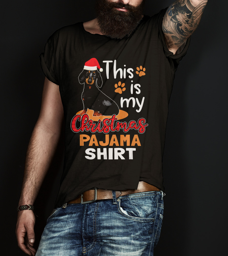 This Is My Christmas Pajama Shirt Dachshund Santa Hat Paw Prints T-Shirt