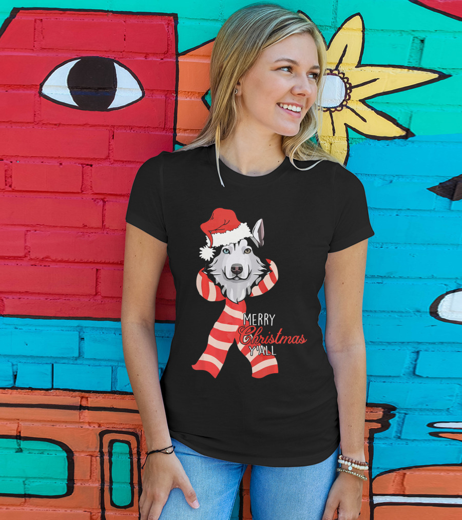 Merry Christmas Y'all Husky Dog In Santa Hat And Scarf T-Shirt