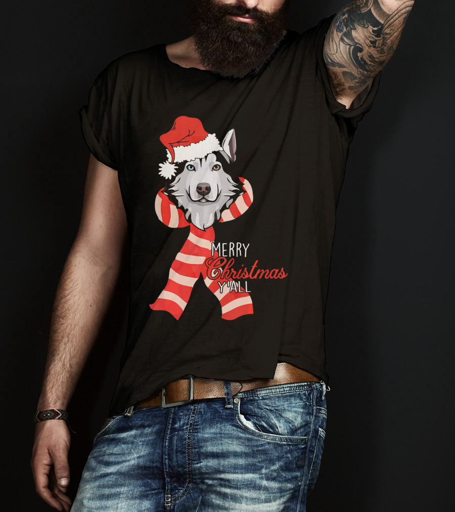 Merry Christmas Y'all Husky Dog In Santa Hat And Scarf T-Shirt