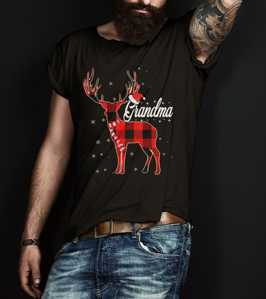 Grandma Reindeer Plaid With Santa Hat And Snowflakes T-Shirt