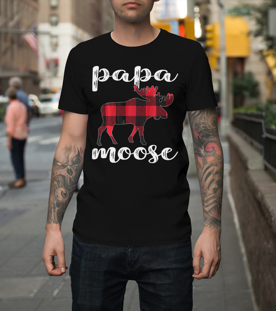 Papa Moose Matching Family Christmas Clo Buffalo Plaid Moose T-Shirt