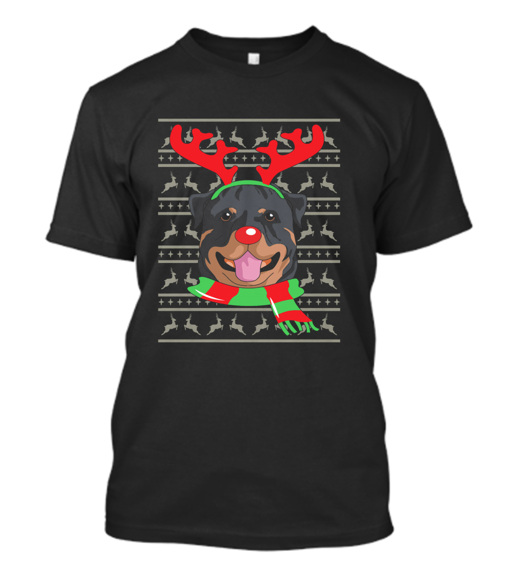 Rottweiler With Reindeer Antlers And Festive Scarf Christmas T-Shirt