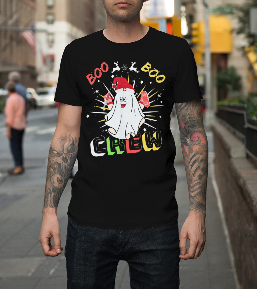 Boo Boo Crew Christmas Nurse Ghost with Bandages and Reindeer T-Shirt