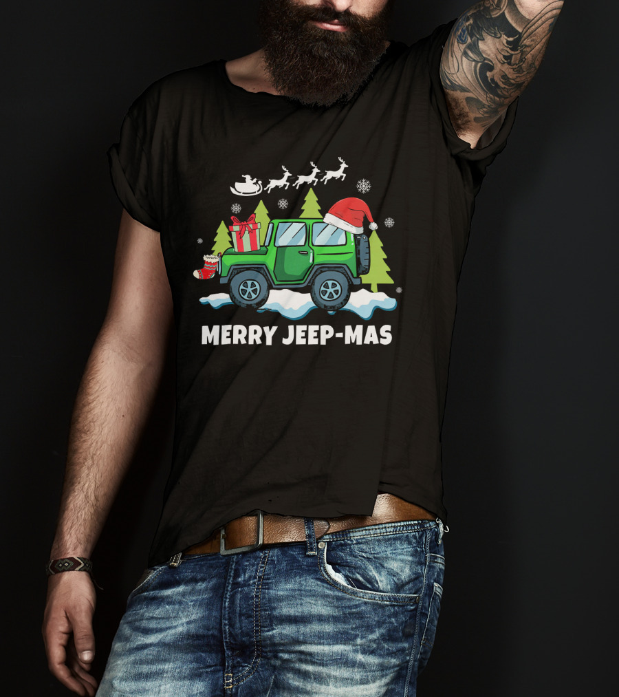 Merry Jeep-Mas Christmas SUV With Santa Hat And Reindeer T-Shirt