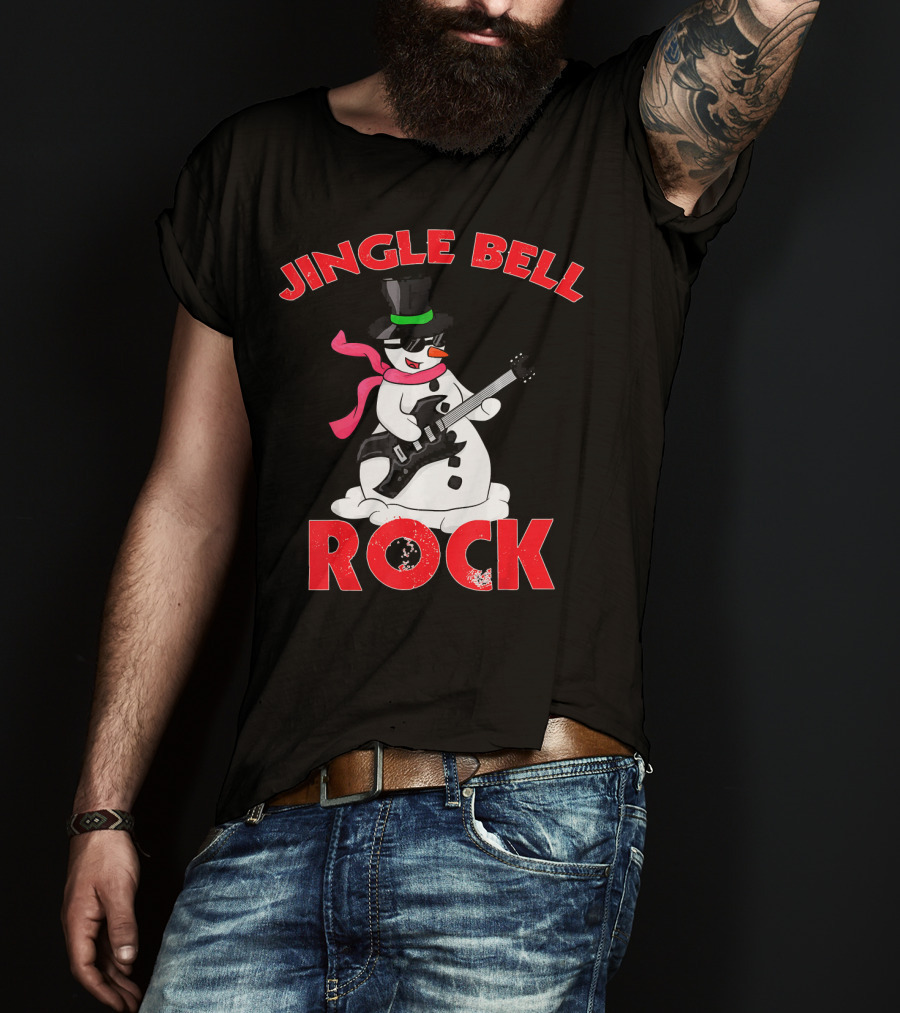 Jingle Bell Rock Snowman Playing Guitar With Top Hat And Scarf T-Shirt