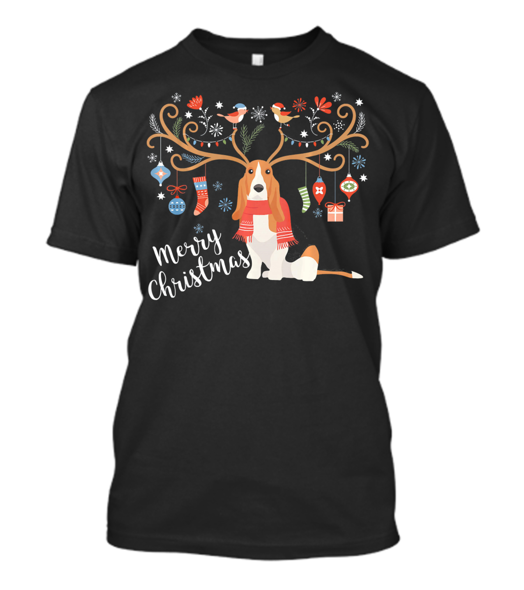 Merry Christmas Basset Hound Reindeer Antlers Ornaments T-Shirt
