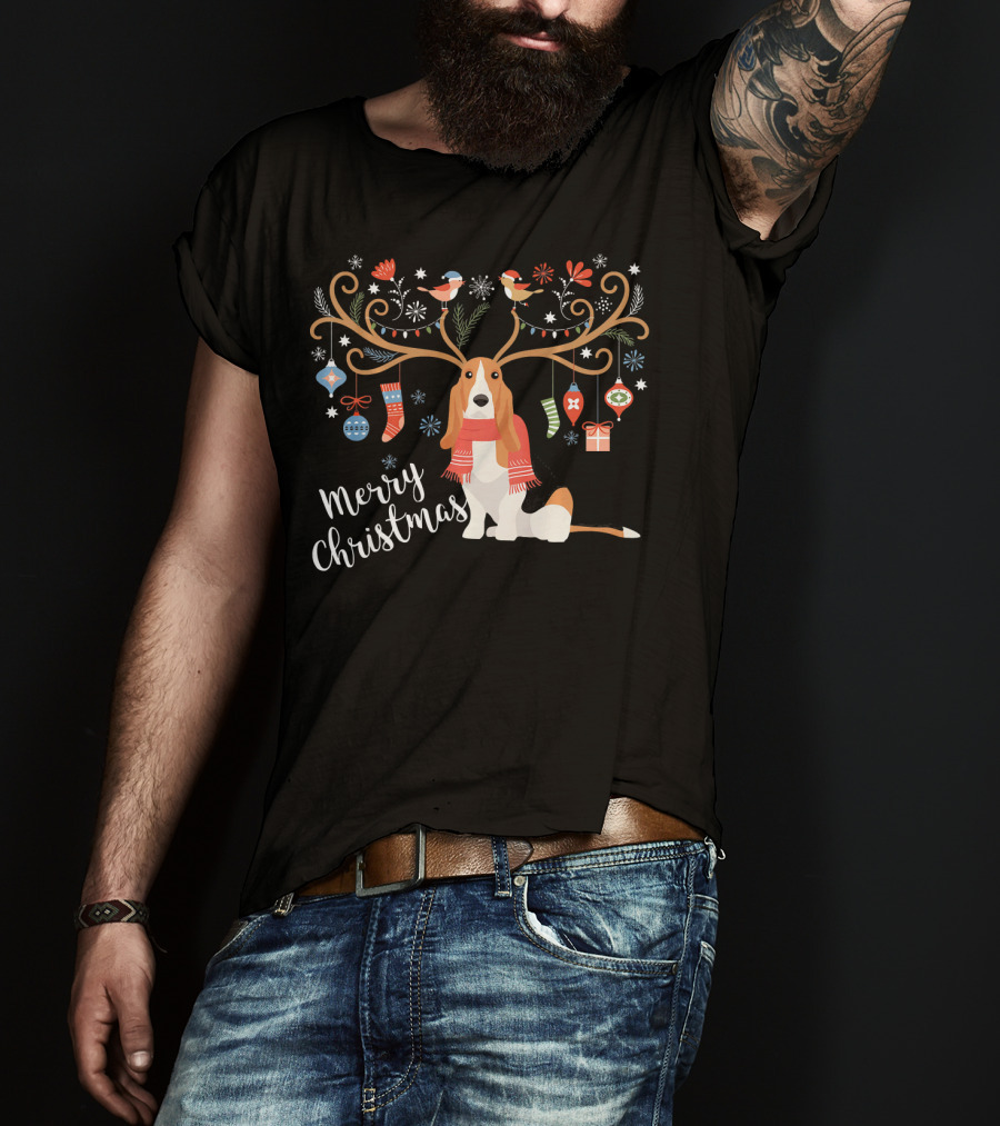 Merry Christmas Basset Hound Reindeer Antlers Ornaments T-Shirt